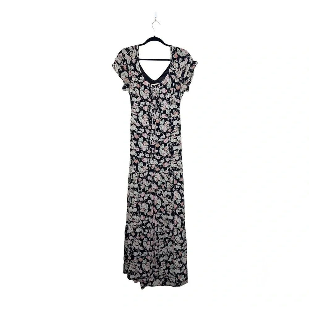Pins and Needles Anthropologie Floral Maxi Dress Multi Black Open Back Medium